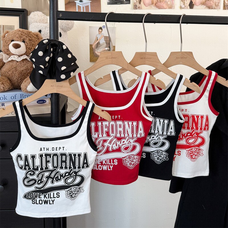 6111 # American Retro Letter Print Contrasting Color Camisole Summer Outer Wear Slimming Hot Girl Short Top 6111 # American Retro Letter Print Contrasting Color Camisole Summer Outer Wear Slimming Hot Girl Short Top