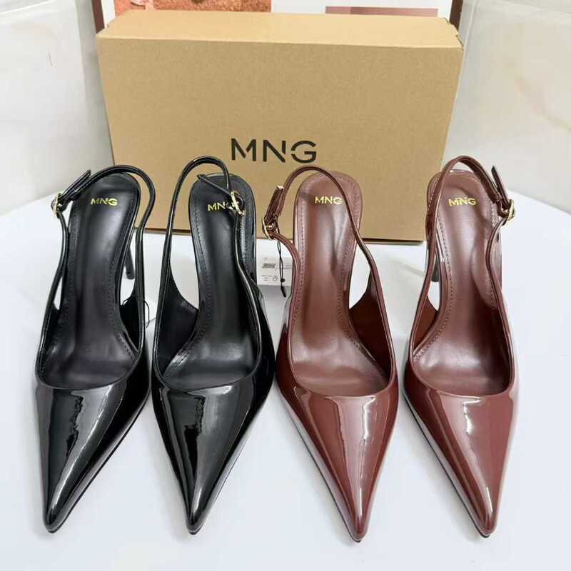 Mango 2026 Early Spring New Style High-Heeled Shoes for Women, Pointed Toe, One-Strap Buckle, Stiletto Heel, Patent Leather, Back Strap Sandals, European and American Style