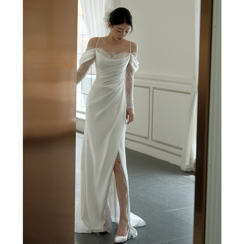 Satin One-Shoulder French Light Wedding Dress 2025 New Suspender Simple Korean Welcome Bride Trailing Lace Dress