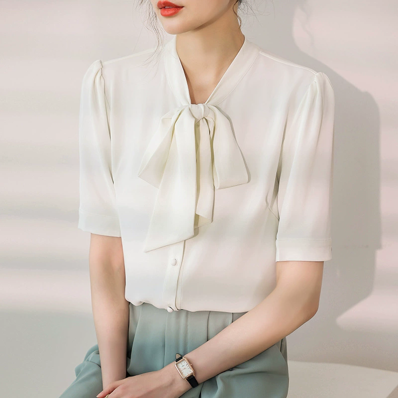 Романтический бант с коротким рукавом шифон интервью рубашка женская летняя дизайнерская рубашка стример профессиональный топ