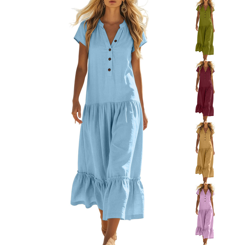 Cross-Border European and American Amazon Women's V-Neck Solid Color Short-Sleeve Fashion Casual Loose Long Button-Down Dress for Export