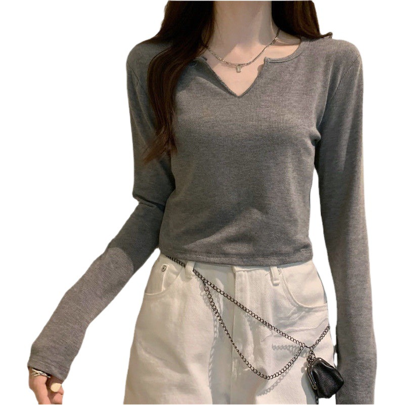 Puro deseo superior camiseta de las mujeres de primavera y otoño diseño sentido nicho nuevo dulce chica caliente manga larga corta delgada con cuello en v camisa de fondo image 1