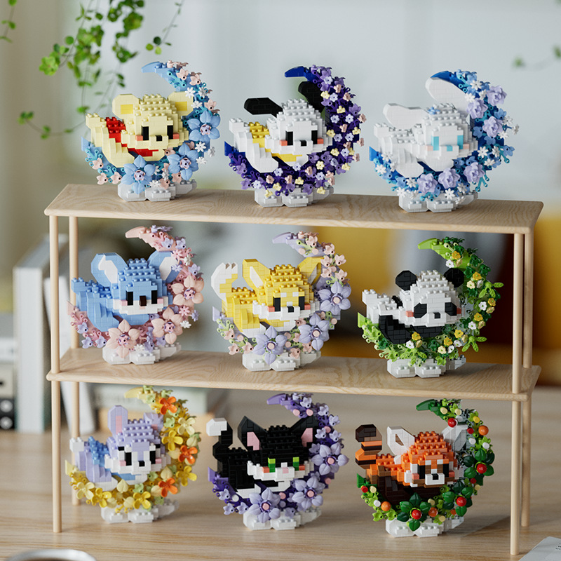 Chao Yue Creative Cute Cartoon Figure Series, "Blooming Flowers Under the Moon," Small Animal Children's Assembly Creative Desk Ornament Toy