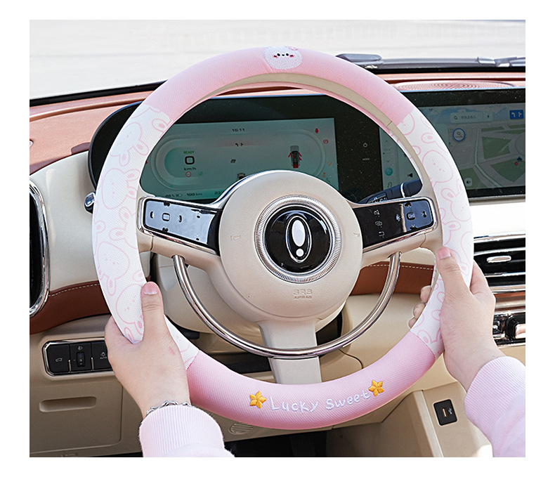 Car Steering Wheel Cover Cartoon Cute Bear and Rabbit Car Handle Cover Non-Slip and Comfortable Four-Season Universal Car Steering Wheel Cover