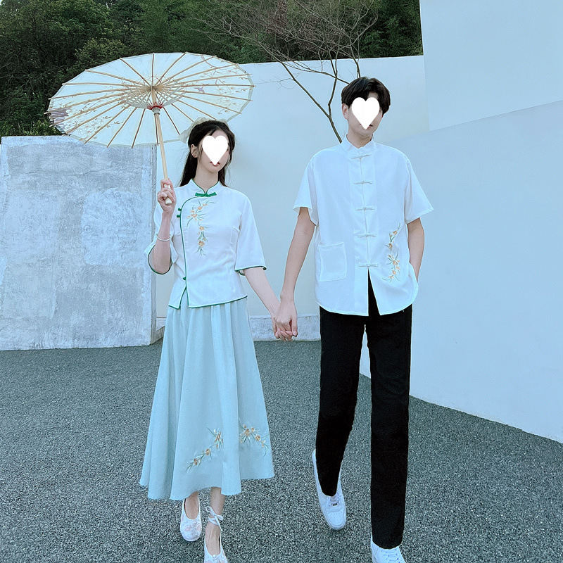 New Chinese Style Couple Outfits for Summer, Republic of China Style Short-Sleeve Hanfu Long Dress Set for Male and Female Students, Suitable for Middle and High School Performances