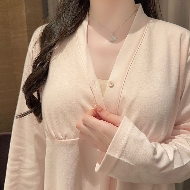 新款带胸垫孕妇睡衣女夏季薄款长袖长裤月子服宽松产前产后家居服|undefined