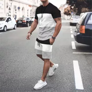 跨境运动男式套装夏季训练慢跑短裤宽松时尚休闲圆领短袖格子套装