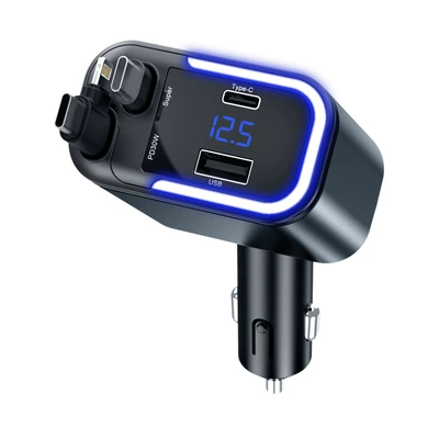 180W High-Power Fast Charging with Built-In Ambient Light, Retractable Cable, Type-C USB Digital Display, Multi-Functional Car Charger (Mobil şarj cihazları) - black-ambient-light-digital-display-car-charger