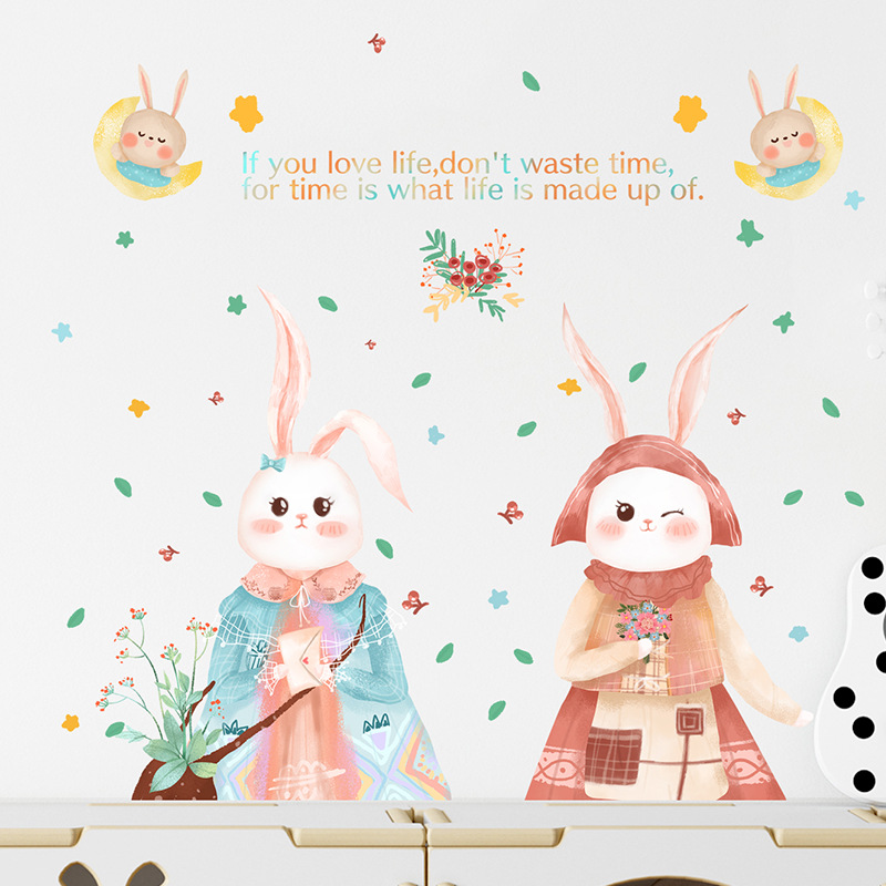 New Cartoon Cute Two Little Rabbits Children's Room Decoration Wall Stickers Wholesale Nihaojewelry display picture 4