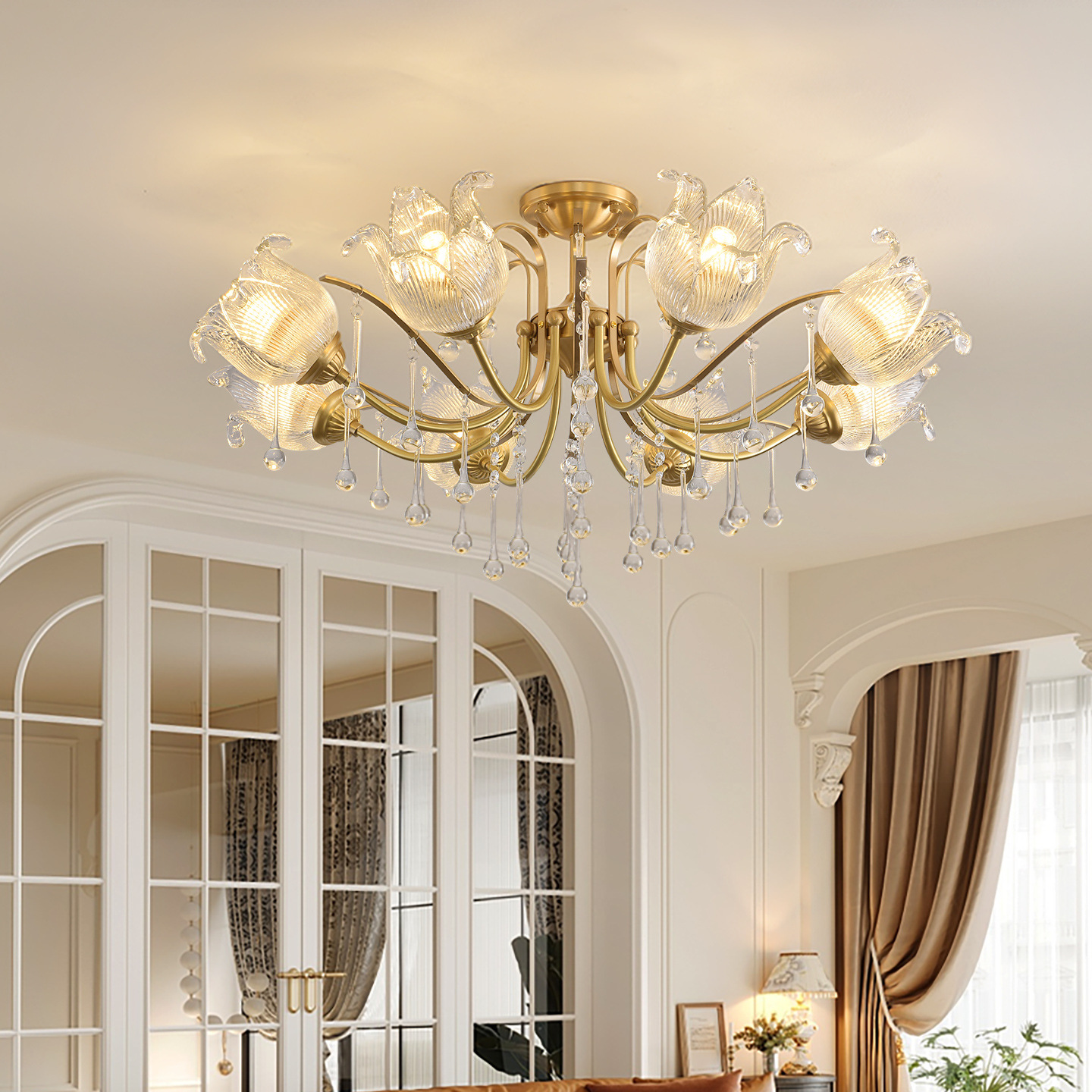 Lámpara de la sala de estar francesa nueva simple lujosa romántica retro pasillo luz principal flores frescuras lámparas de cristal 413L