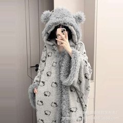 凯蒂猫睡袍女秋冬斗篷加厚季加绒睡衣居家服套装珊瑚绒睡衣可外穿