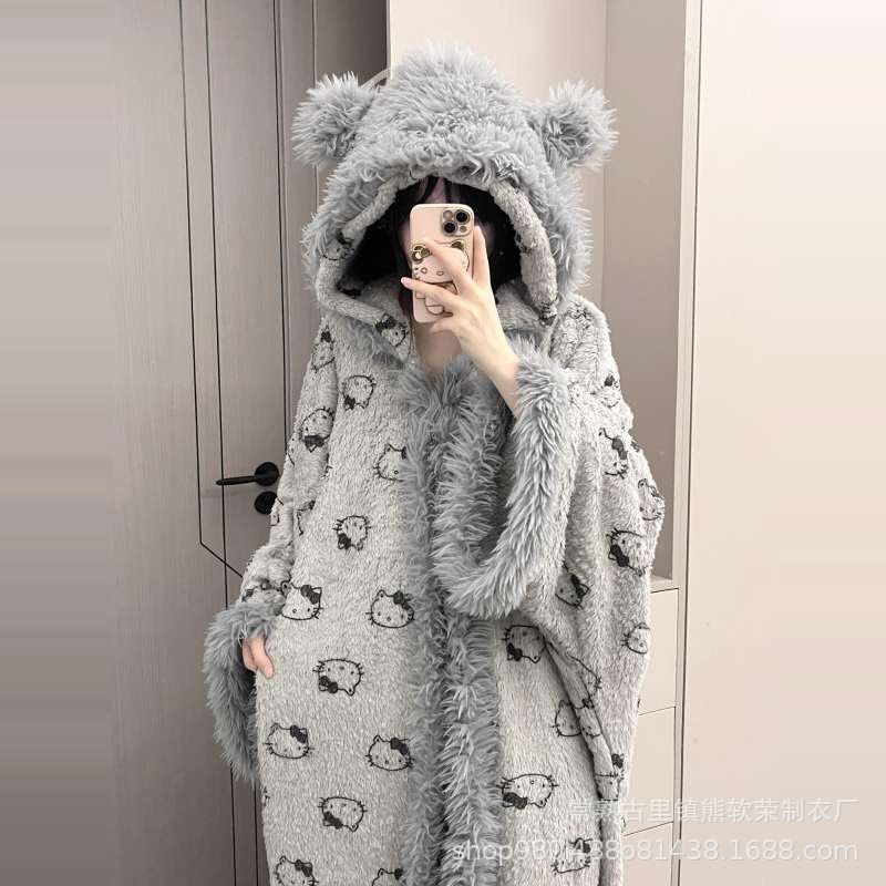 凯蒂猫睡袍女秋冬斗篷加厚季加绒睡衣居家服套装珊瑚绒睡衣可外穿|undefined
