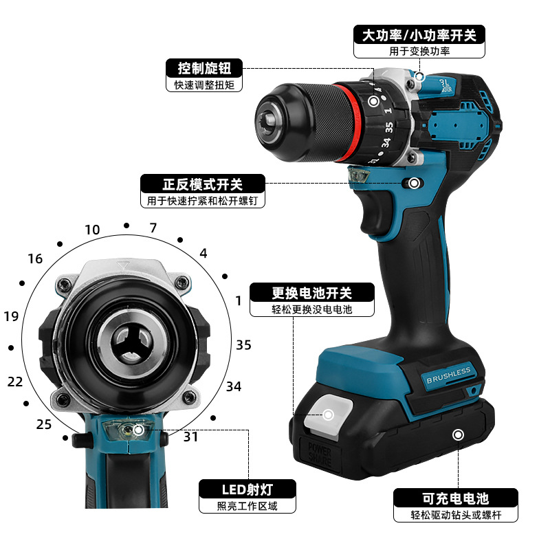 Taladro de mano multifuncional transfronterizo Taladro de litio de impacto de alta potencia Destornillador eléctrico recargable Juego de herramientas de comercio exterior