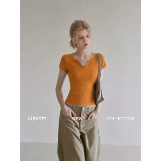 AUDISTY橘色半开V领正肩短袖t恤女夏季韩系修身显瘦气质小衫上衣