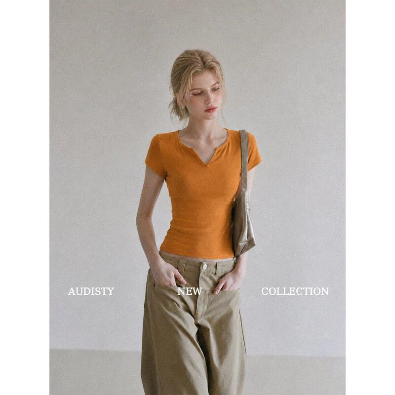 AUDISTY orange half-open V-neck short-sleeve t-shirt for women, summer Korean style slim-fit elegant top
