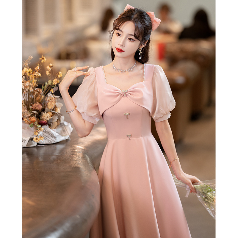 Pink Evening Dress for Women, Suitable for Everyday Wear, Petite Engagement Dress, High-End Bridesmaid Dress for Autumn and Winter