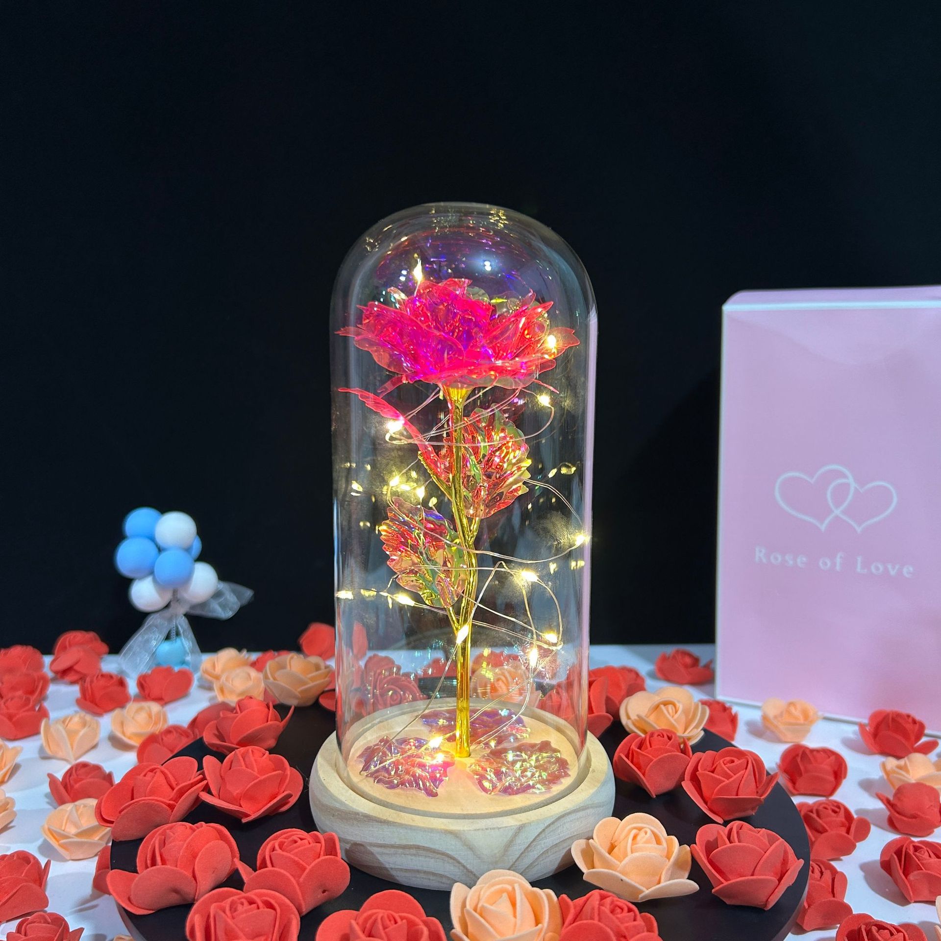 Cúpula de cristal con flor preservada 520, rosa del Día de San Valentín, adorno de linterna, regalo de Navidad, decoración de puesto de bodas, pequeño regalo