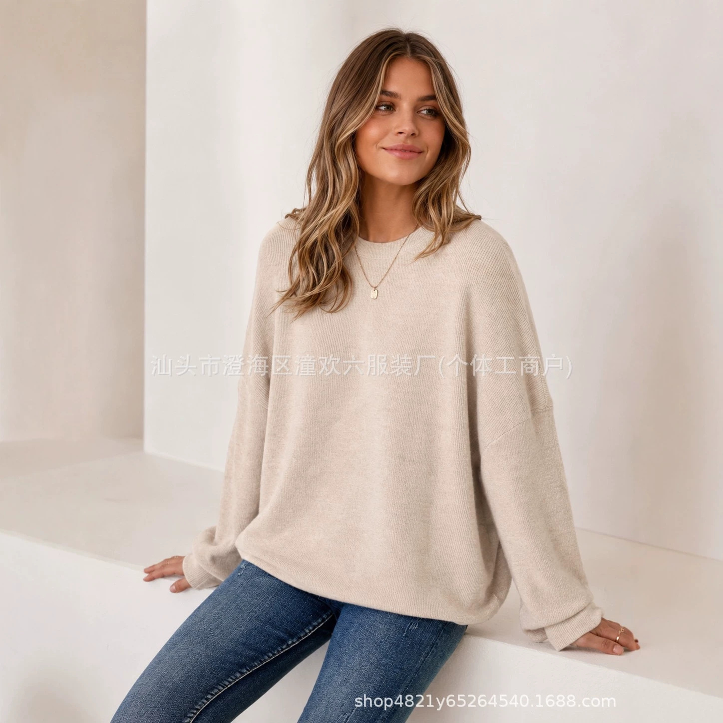 Cross-border Amazon European and American women's new loose pullover round-neck autumn and winter long-sleeve knit top