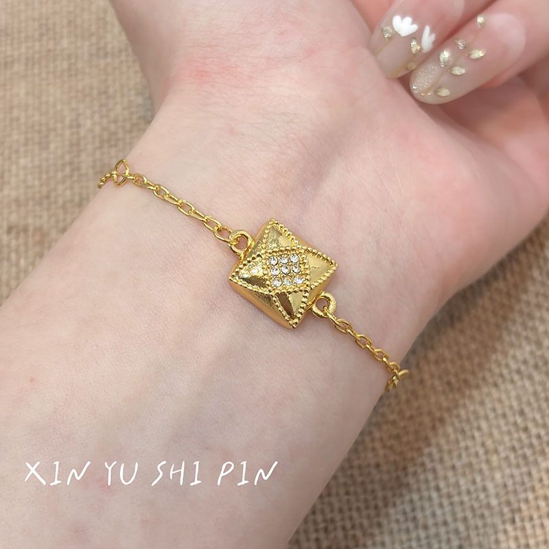 老钱风叠戴！vintage金色方糖素手链红钻爱心手饰双股麻花细手镯|undefined