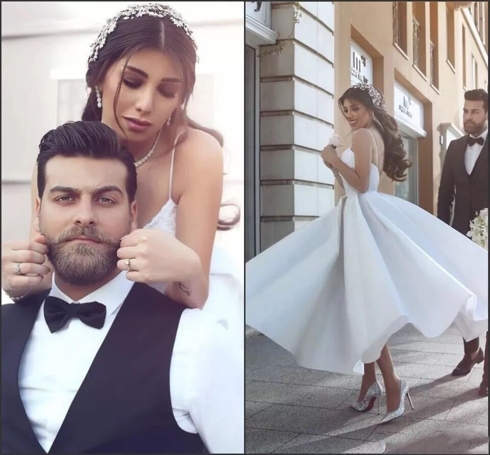 Amazon europeo y americano una línea de vestido de novia corto de satén más el tamaño de la correa de hombro de encaje apliques vestido nupcial image 1