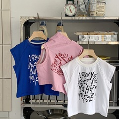 男童字母純色韓版無袖T恤背心2024夏季新款個性時尚潮酷中小童潮