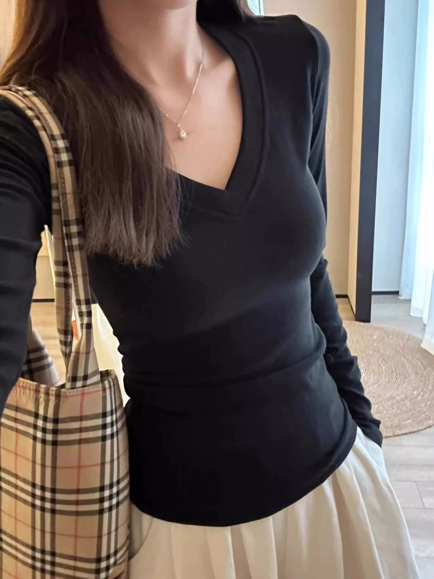 Женственная блуза с длинным рукавом, V-образный вырез, Slim Fit, осень, размеры S–XL, черный/серый/белый