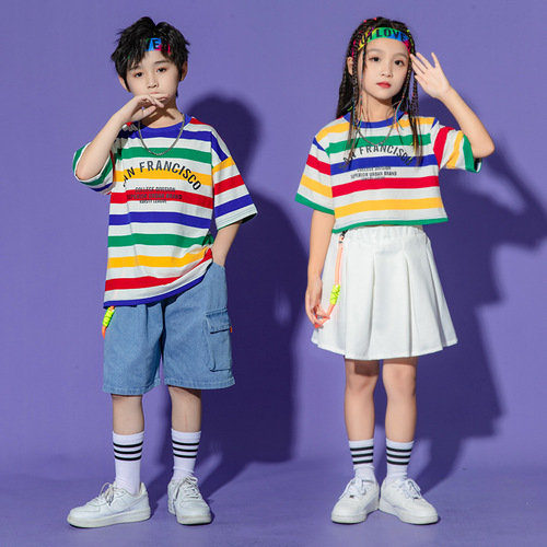 Boys girls rainbow striped hiphop street dance costumes rapper singers dancers outfits Cheerleaders performance uniforms hip-hop clothing kindergarten jazz dance suit games