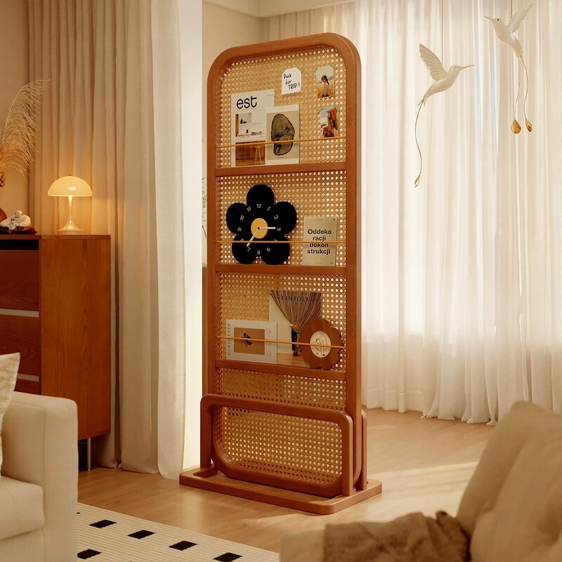 Carefully Selected Natural Wood Style Screen Partition for Living Room and Balcony, Made of Solid Wood and Rattan, Movable, Facing the Entrance Door, with a Floor-Standing Storage Shelf