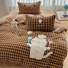 奶油小猫可爱秋冬保暖牛奶绒四件套床单被套珊瑚绒学生宿舍三件套