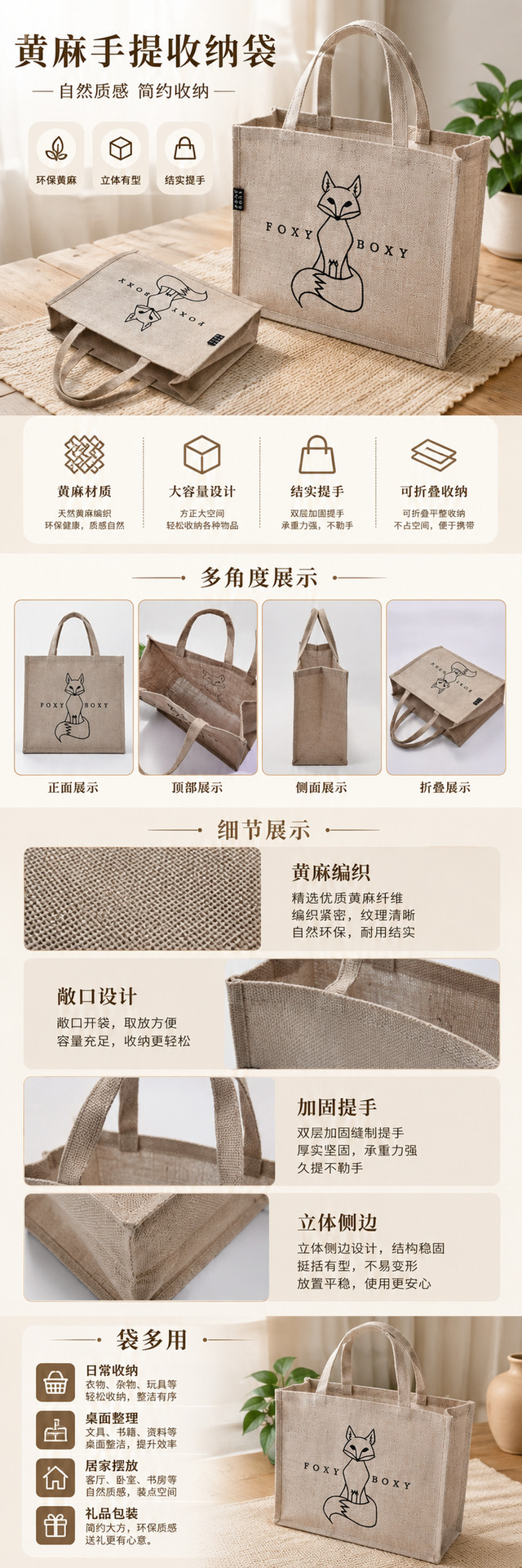 厂家直销AOS帆布折叠购物袋大容量便携收纳手提袋可定制LOG