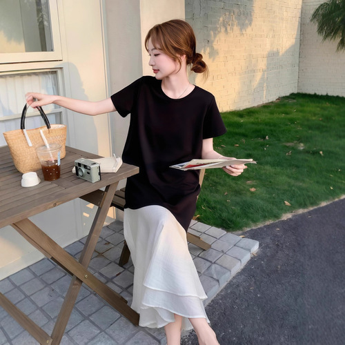 Black semi-mature style leaf-edge fishtail T-shirt long skirt summer new casual slim-fit elegant round-neck dress for women