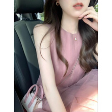 新款夏季法式小个子欧根纱粉色仙女连衣裙薄款无袖小众清新裙子