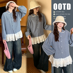 Sweet Pregnant Women's Spring Dress Shirt suit 2025 Fashion Western Style Plaid Top Lace Shirt Hot Mom Trendy Mom Style