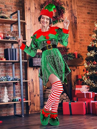 クロスボーダークリスマスレディースエルフコスプレ衣装セットベルベットドレススパンコールステージパフォーマンス用|undefined