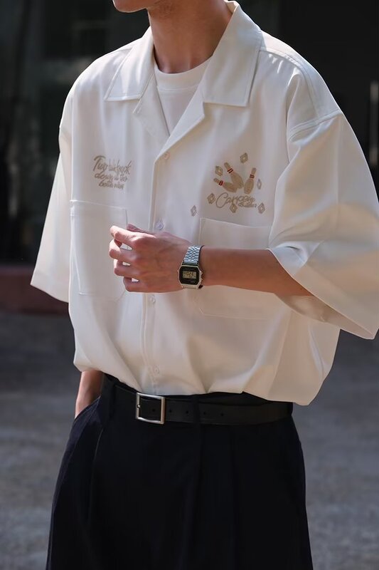 2023 Summer American Tops Loose Cuban Collar Bowling Embroidered Workwear Short Sleeve Shirt Men's Half Sleeve Shirt