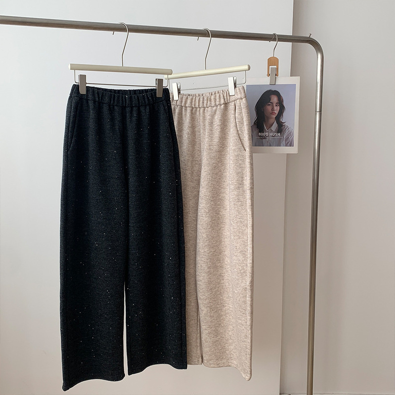 High-End Shimmering Wool-Blend Pants for Women, Thickened, High-Waisted, Drawstring, Cuffable, Wide-Leg, Scimitar-Style Casual Pants