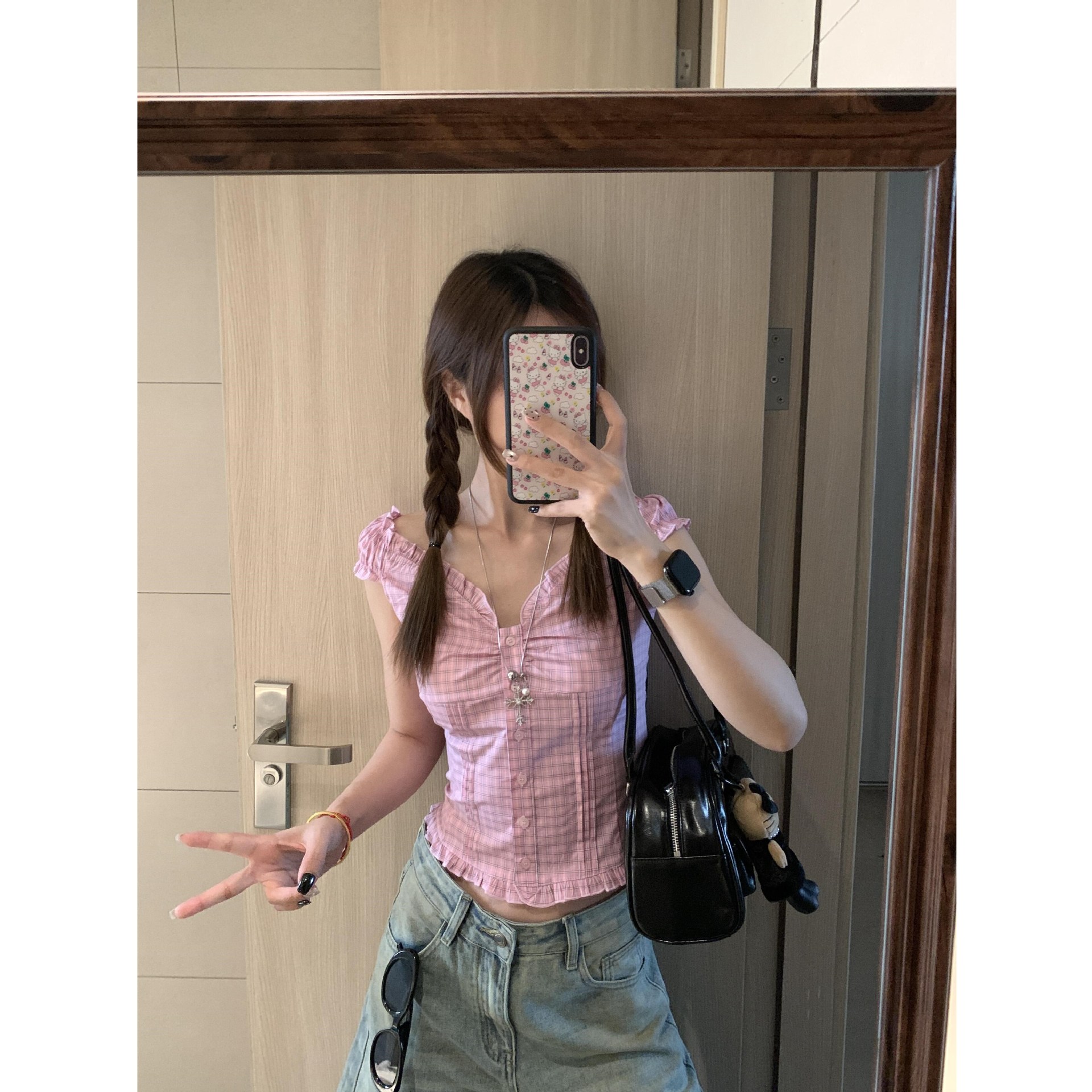 Hot Girl Retro Pink Plaid One-Shoulder Two-Wear Off-Shoulder Shirt Vest Women's Summer Slimming and Chic Top