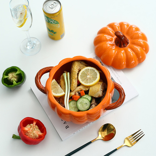 Ceramic Soup Bowl with Lid Creative Pumpkin Soup Bowl Household Soup Serving Large Soup Basin Double-Ear Noodle Bowl and Snail Noodle Bowl Dedicated