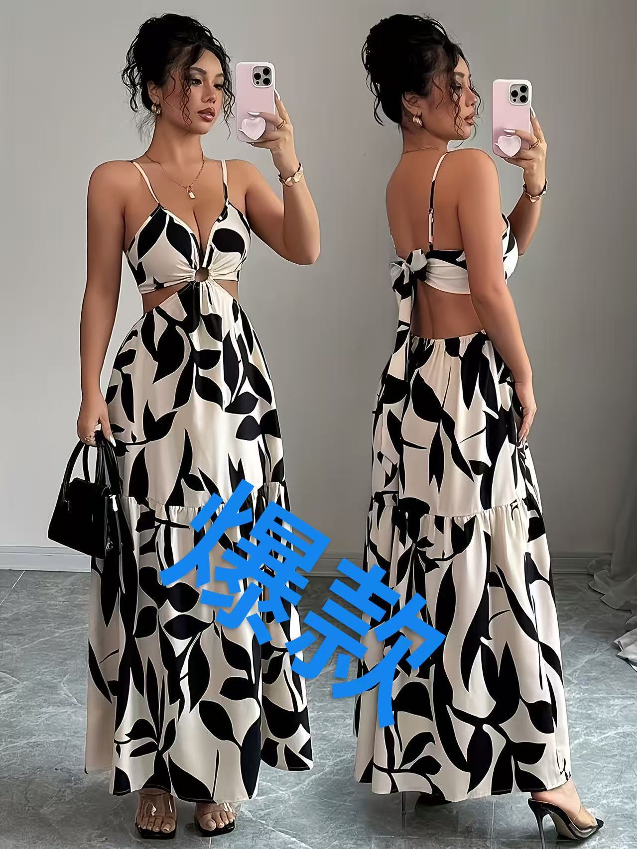 New Cross-Border European and American Women's Clothing, Popular Spring and Summer Floral Print Halter Backless Vacation Fashion Elegant Dress