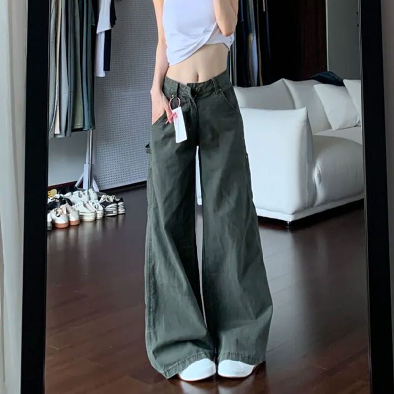 美式复古军绿色工装牛仔裤女秋季高腰显瘦设计感直筒阔腿拖地裤|undefined