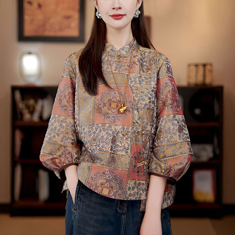 真丝国风上衣立领桑蚕丝新中式小衫秋季复古盘扣提花七分袖衬衫女|undefined