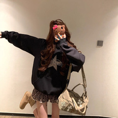 韩系甜酷风黑色连帽卫衣女2025秋季新款豹纹星星印花宽松长袖上衣