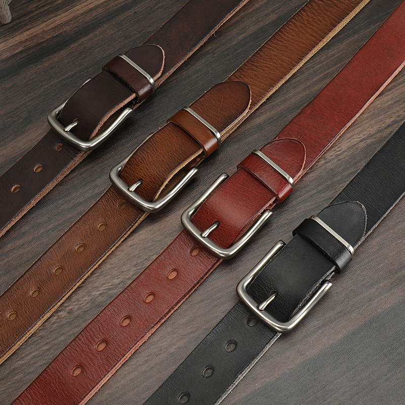 Herren-Vintage-Gürtel aus reinem Rindsleder, einlagig, schlicht, lässig, Nadelverschluss, echtes Ledergürtel, Jeansgürtel für Jugendliche und Studenten