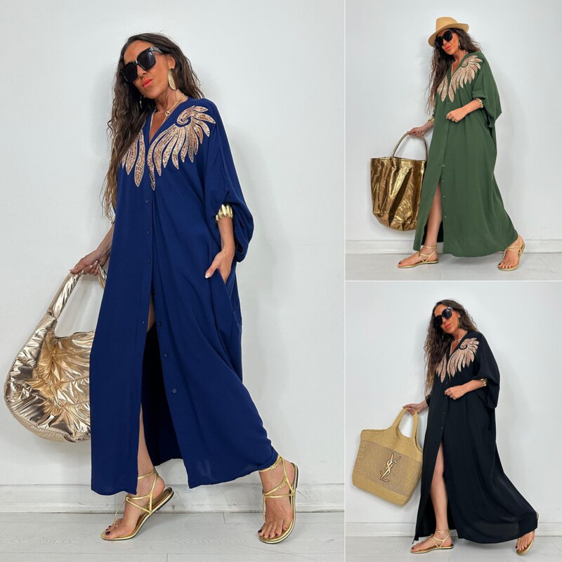 2025 Amazon Cross-Border Export New Women's V-Neck Angel Wings Sequin Casual Long-Sleeved Plus Size Dress