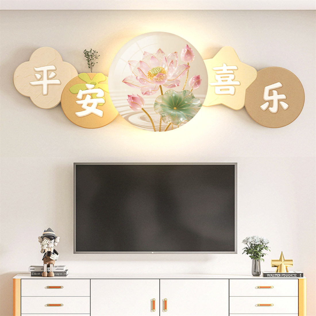 Cream wind living room TV above decorative painting lamp painting good moral sofa background wall mural good moral hanging painting