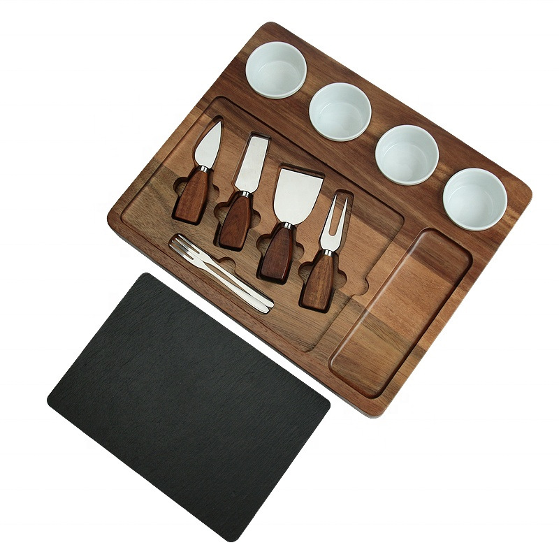 Junta de corte de madera multifuncional placa de queso con cuchillo y tenedor conjunto de plato de queso para frutas y verduras caseras