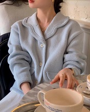 现 货 韩国chic 时尚温柔系复古小香风蓝色针织毛衣开衫