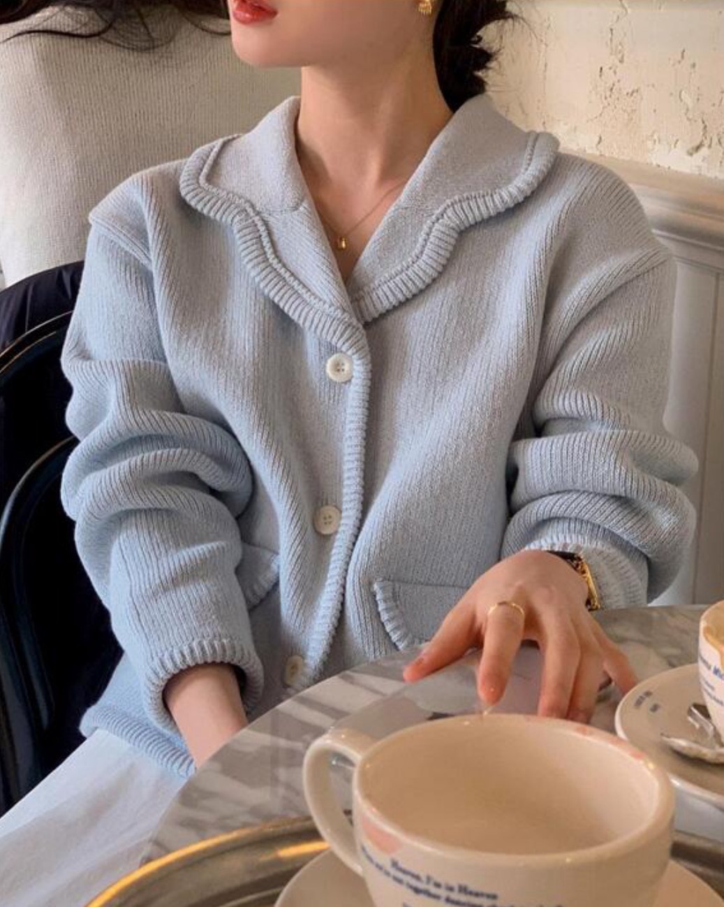 现 货 韩国chic 时尚温柔系复古小香风蓝色针织毛衣开衫