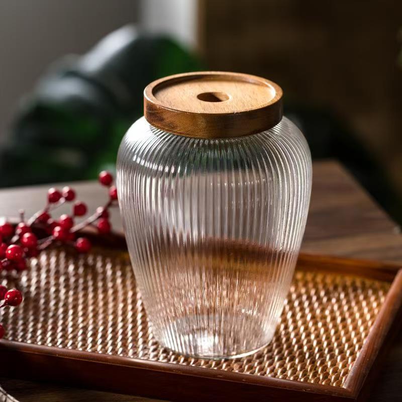 Tanque de almacenamiento doméstico Acacia cubierta de madera de vidrio de té almacenamiento de granos gruesos tanque de sellado multifuncional jarro de vino
