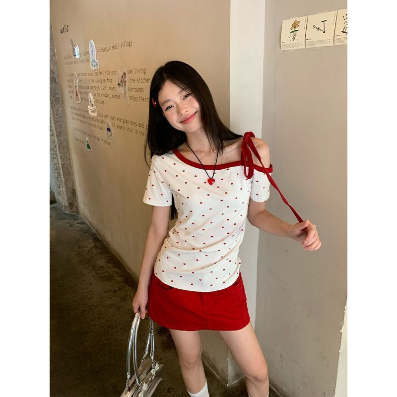爱心印花白色斜肩短袖t恤女夏季新款绑带设计修身甜辣露肩上衣ins|undefined